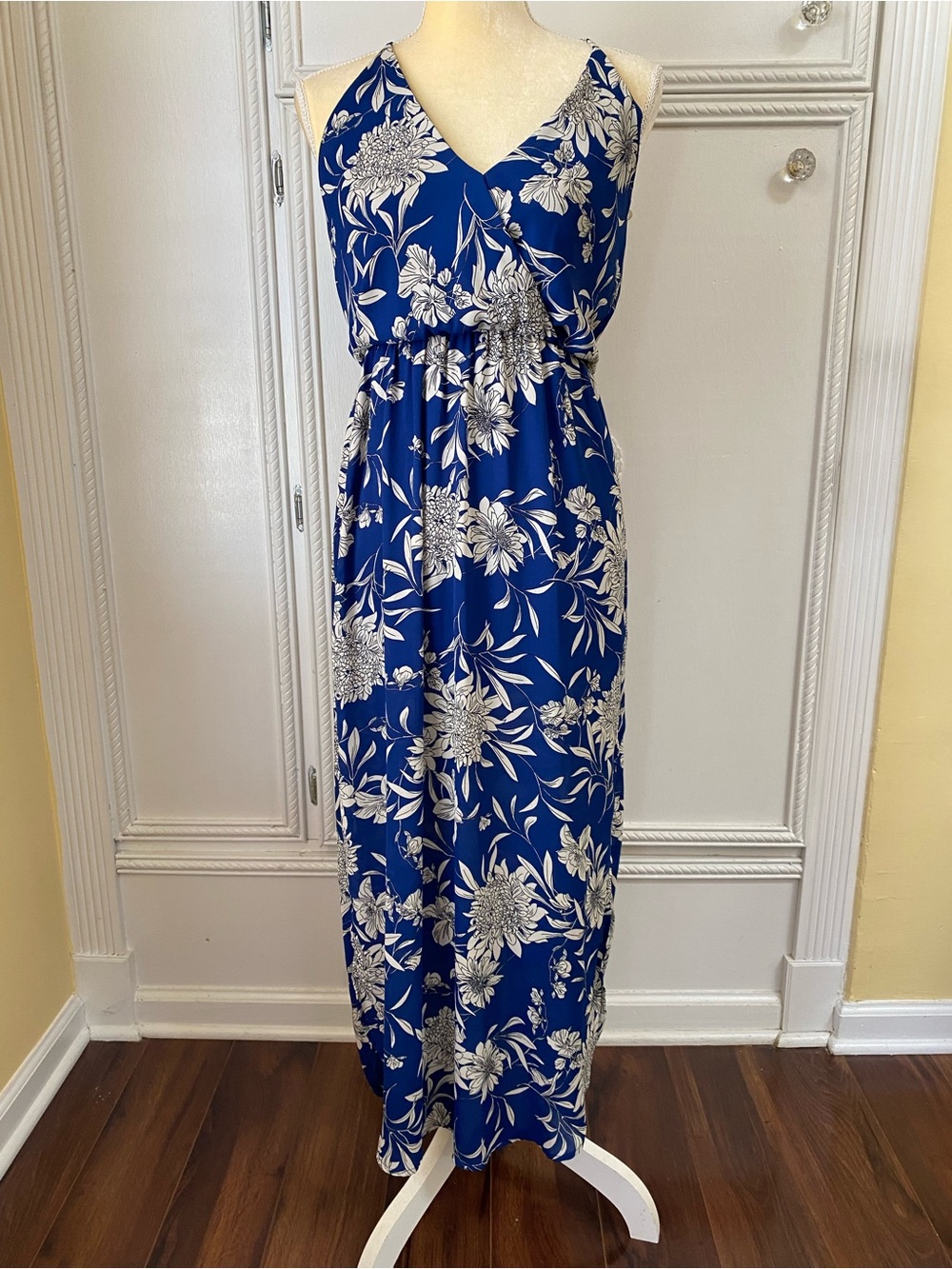 Lush Royal Blue Floral Wrap-Style Maxi Dress